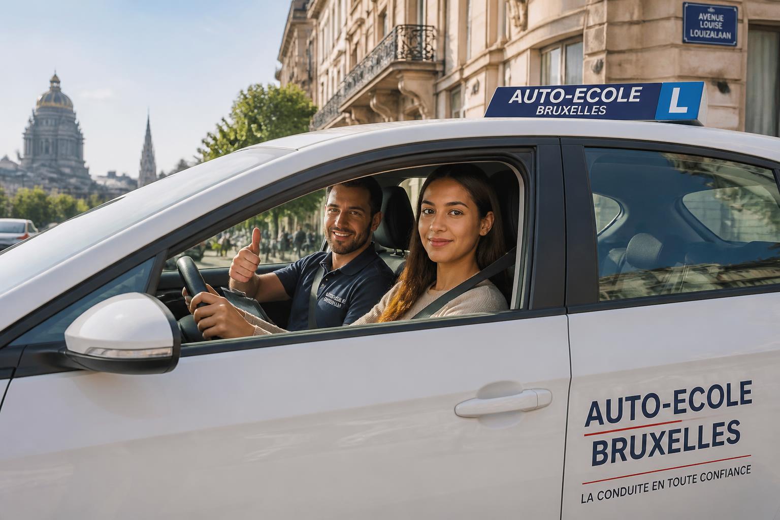 Monitrice et élève souriant dans une voiture de l'auto-école Contact Plus à Bruxelles